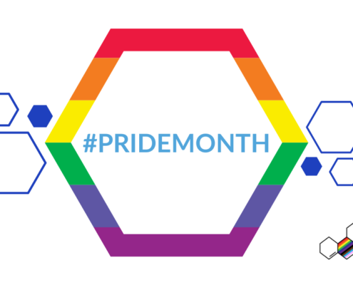 white background with #pridemonth in a rainbow colored hexagon